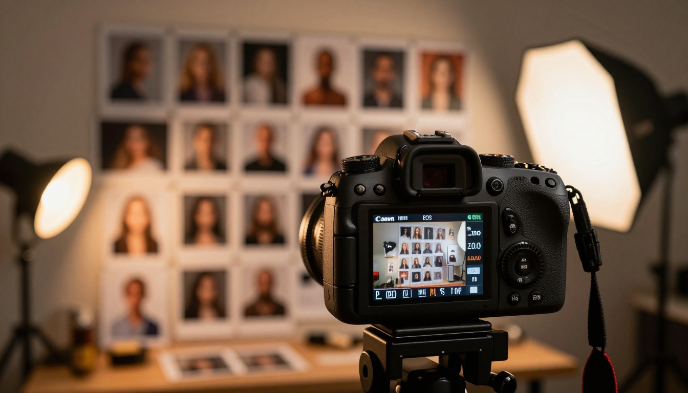 Photographer reviewing images on professional camera LCD screen in studio