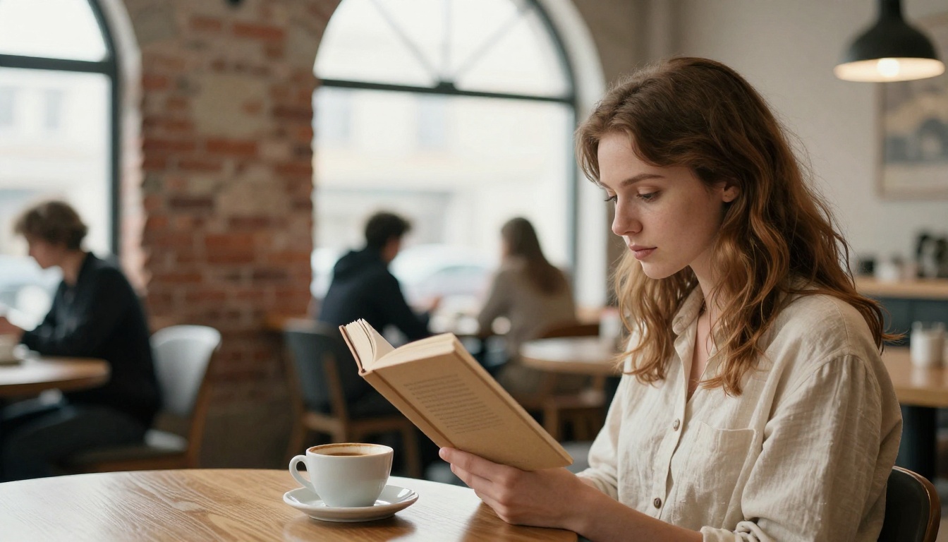 Young woman reading in minimalist Scandinavian cafe with warm morning light