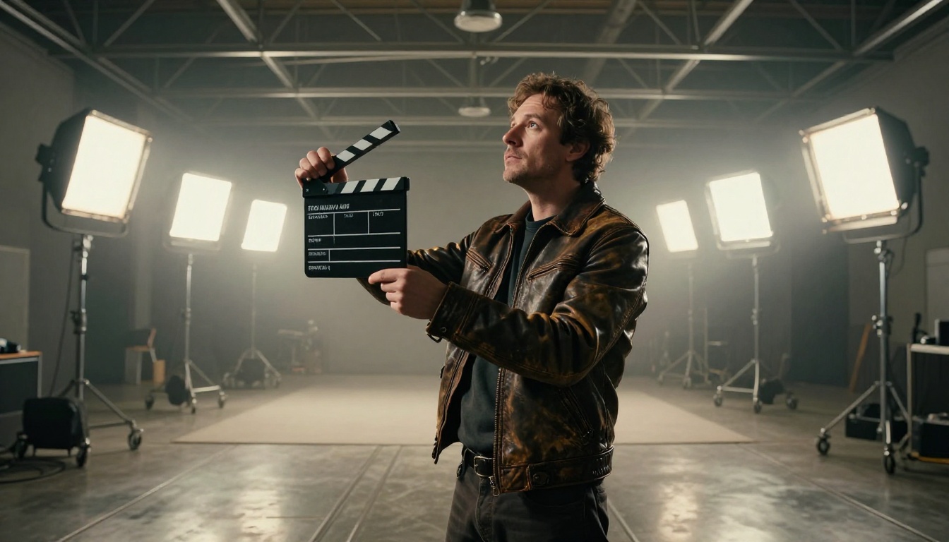 Film director low-angle on soundstage with chiaroscuro overhead lighting