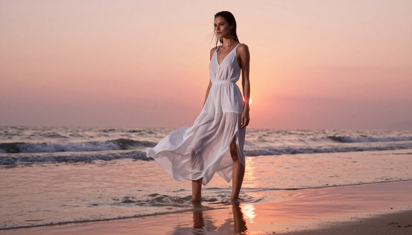 Model in flowing white dress at ocean dusk with backlit rim light and lens flare
