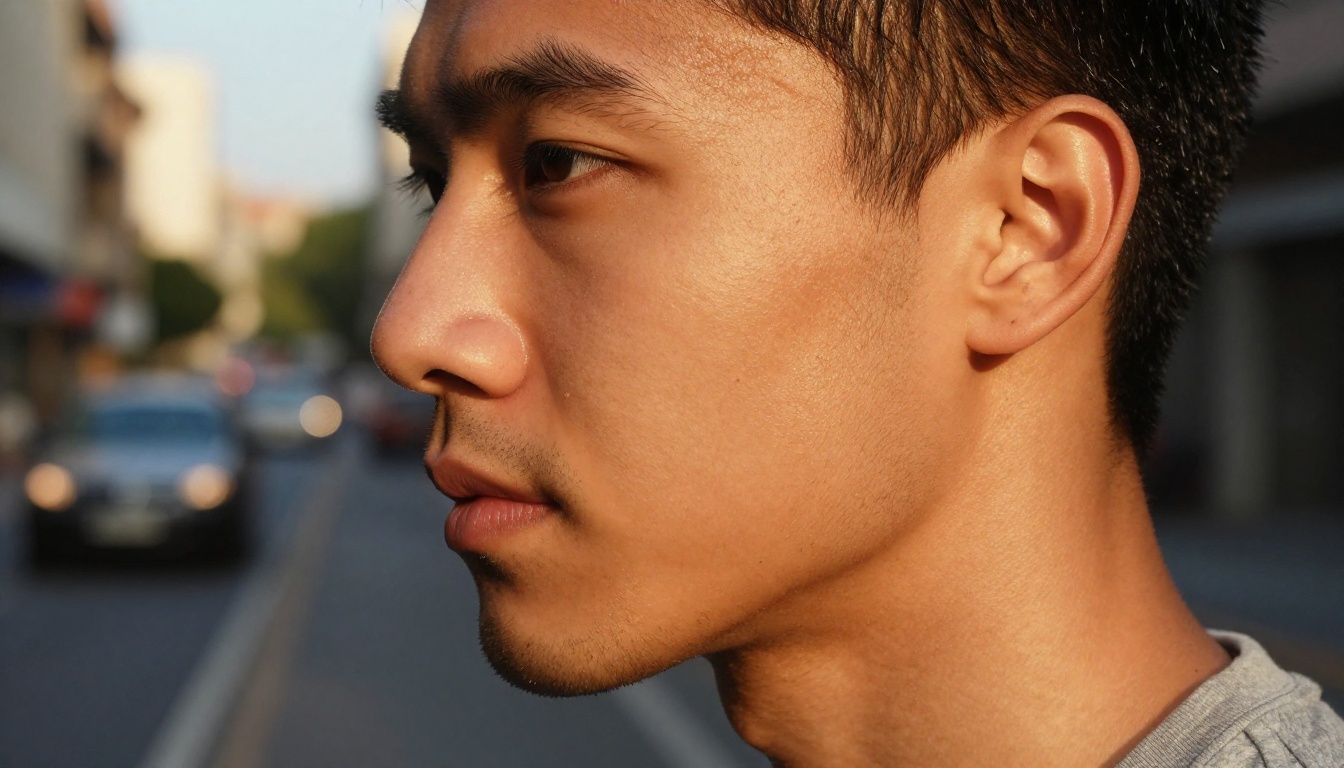 Side profile male portrait with golden hour light and authentic skin texture