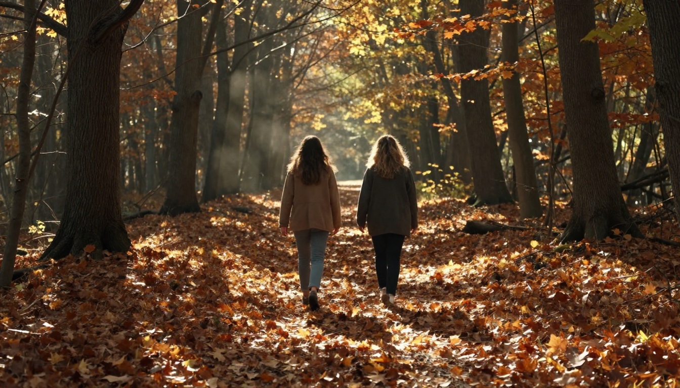 Two women walking through autumn forest with dappled afternoon light