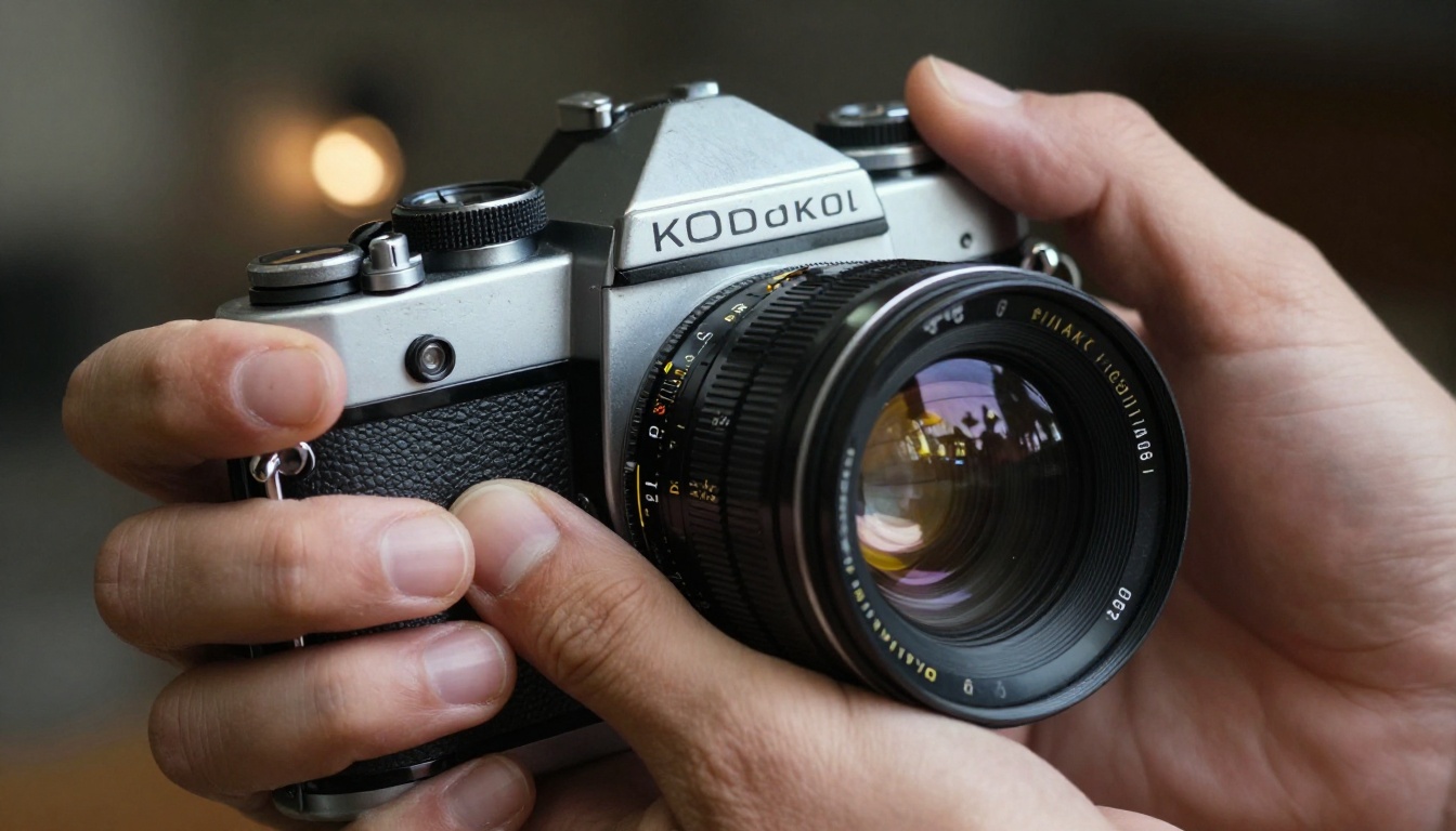Cinematographer hands gripping vintage film camera under tungsten work light