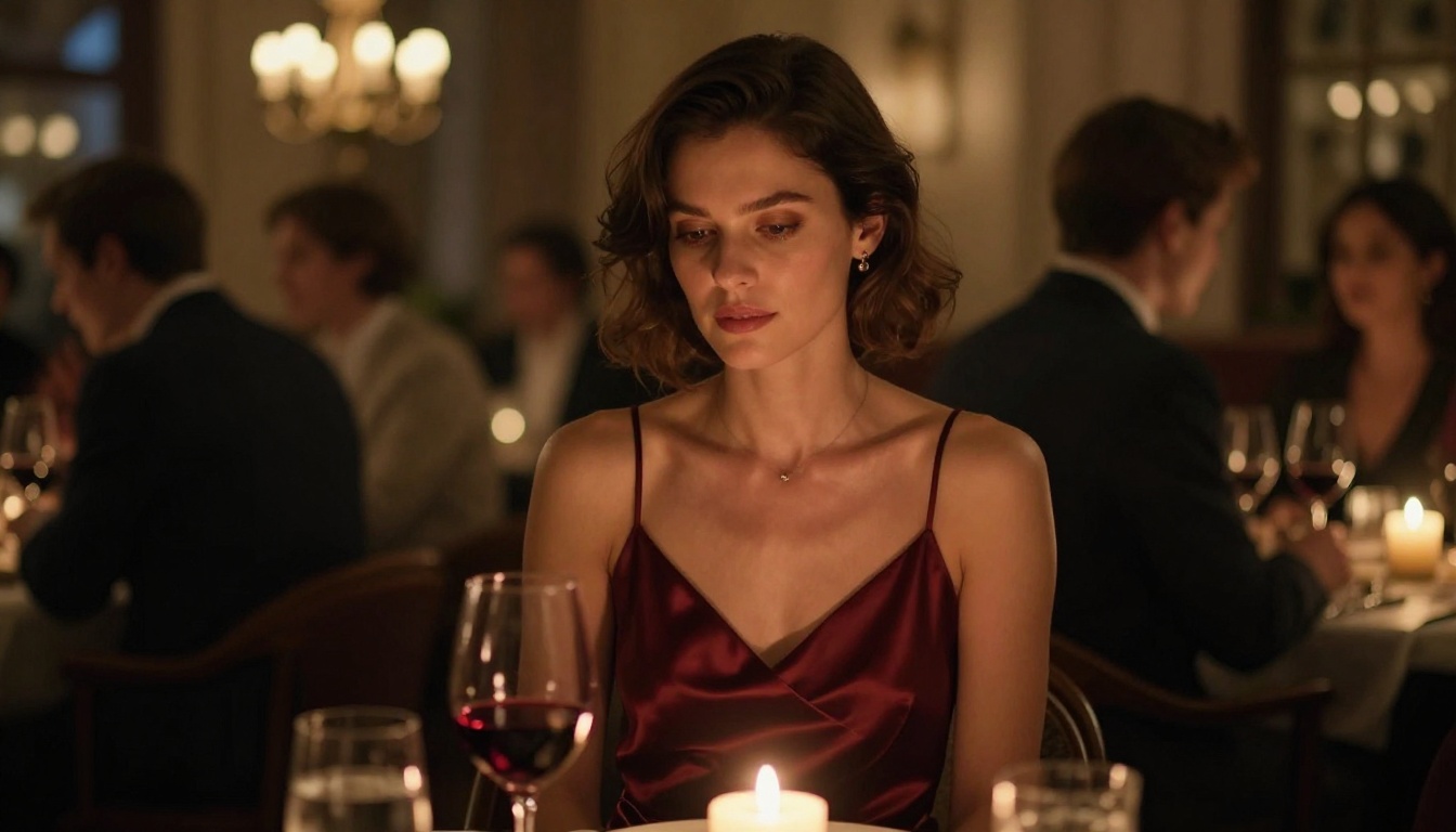Woman in silk burgundy dress at candlelit restaurant with bokeh background