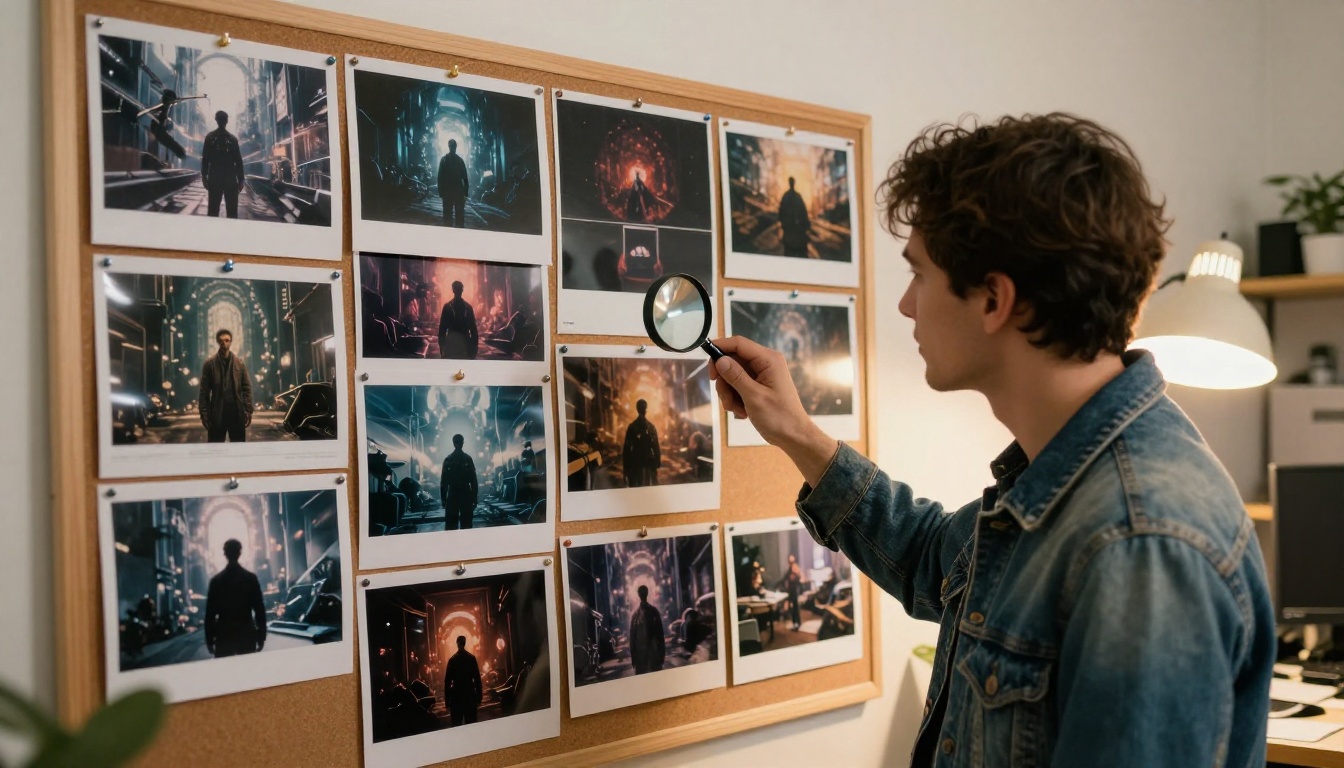 Creative director reviewing printed AI art comparison photos on cork board