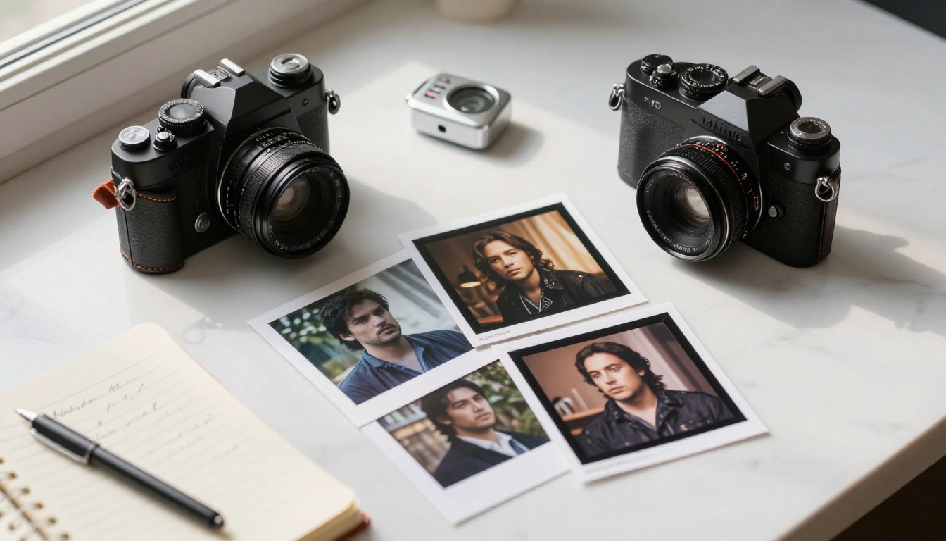 Overhead flat-lay of film camera and contact sheets with warm window light
