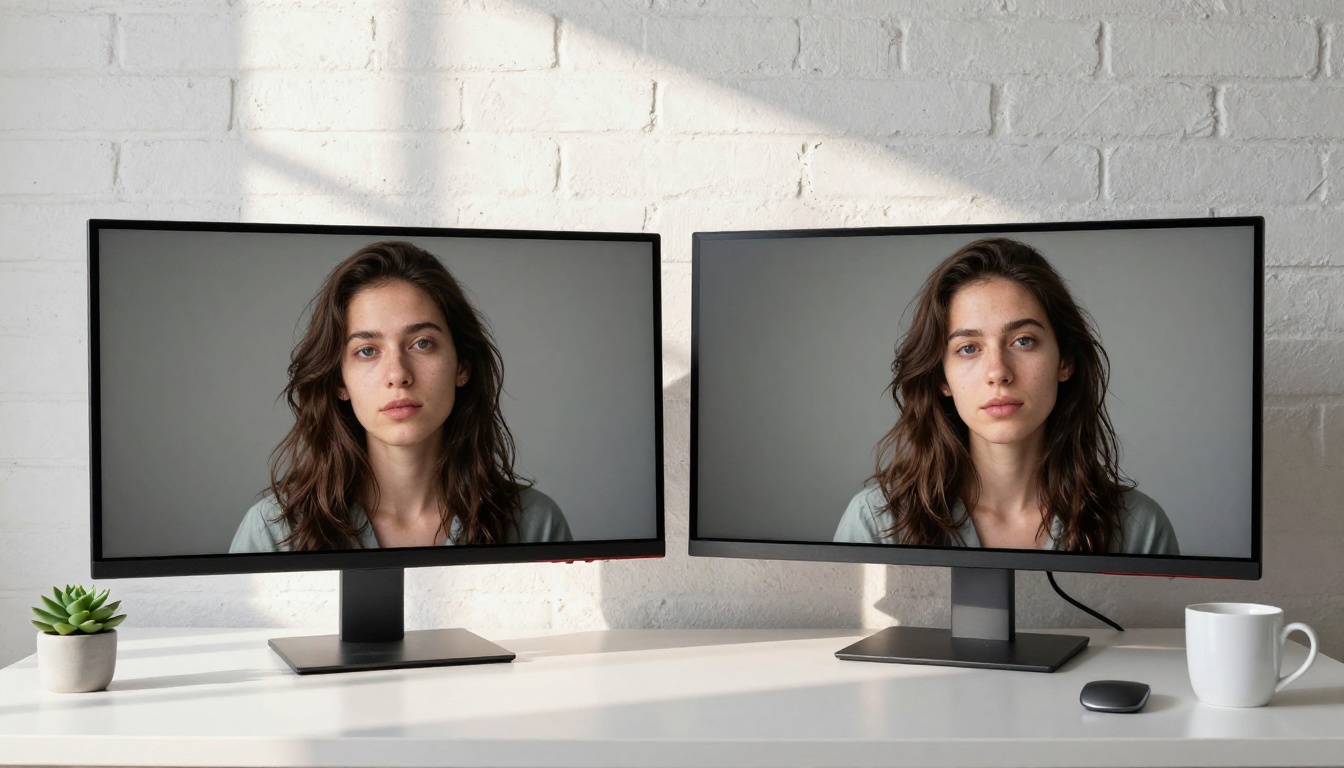 Side-by-side monitor comparison of AI-generated images at different quality tiers