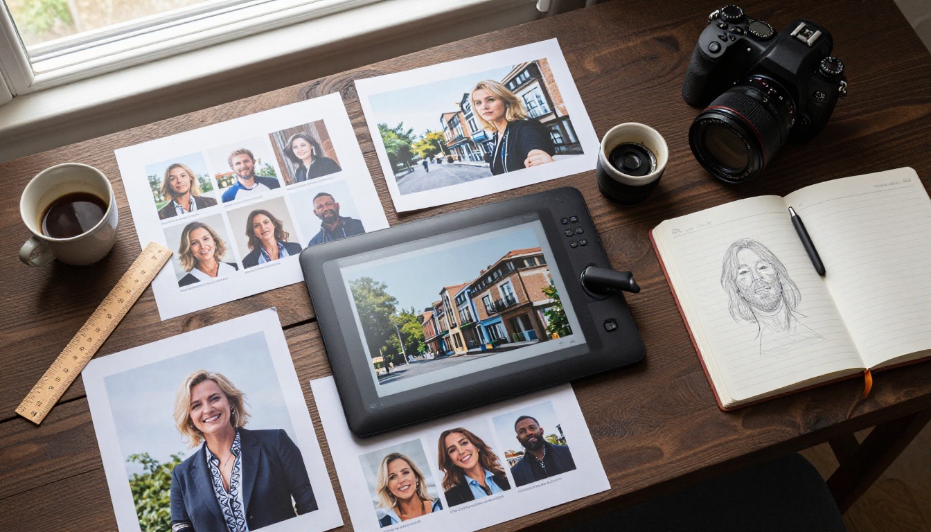 Top-down aerial view of professional creative workstation with printed AI photographs and camera equipment