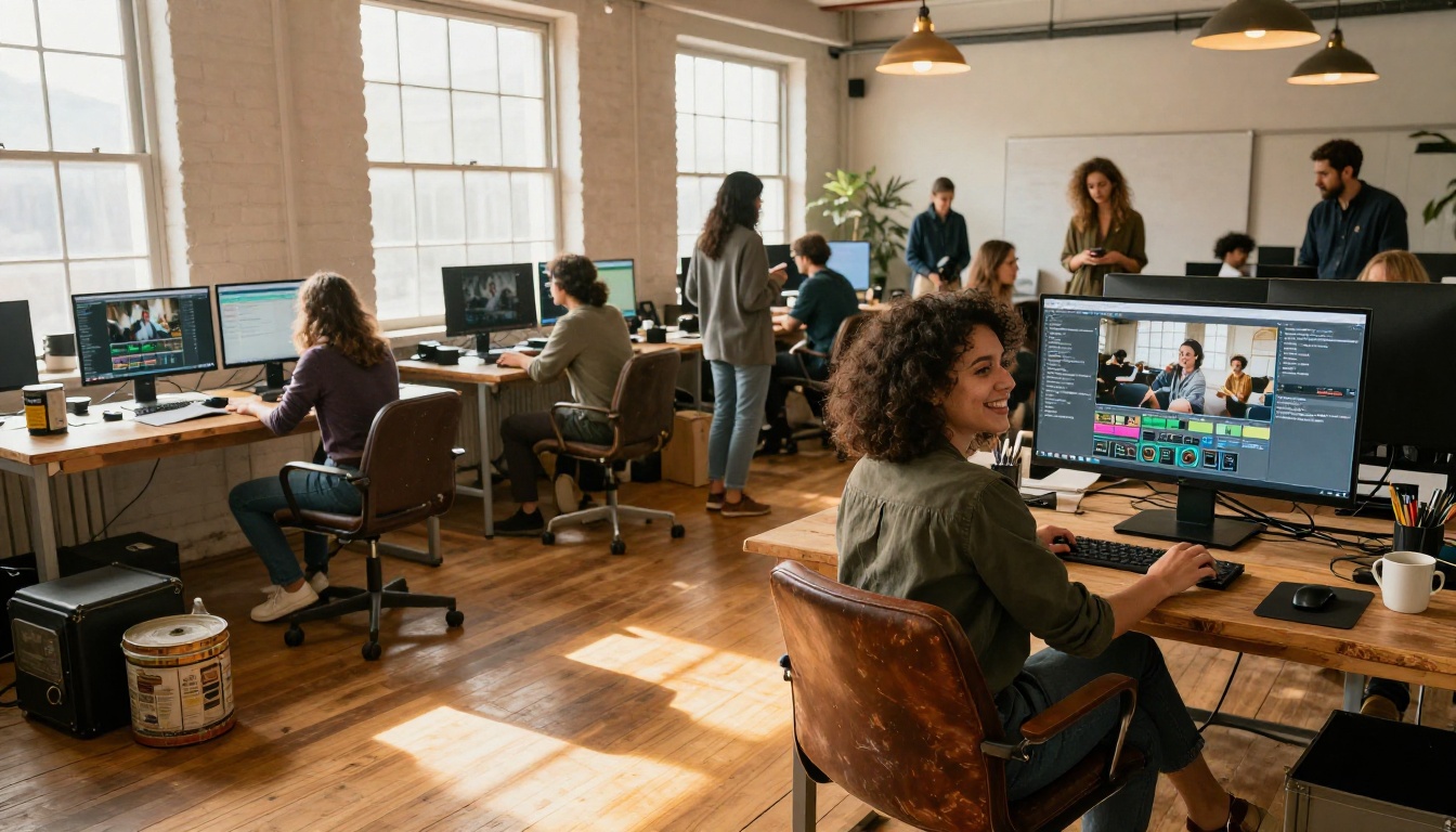 Open source AI video community creators collaborating in a creative workspace Open source AI video community creators collaborating in a creative workspace
