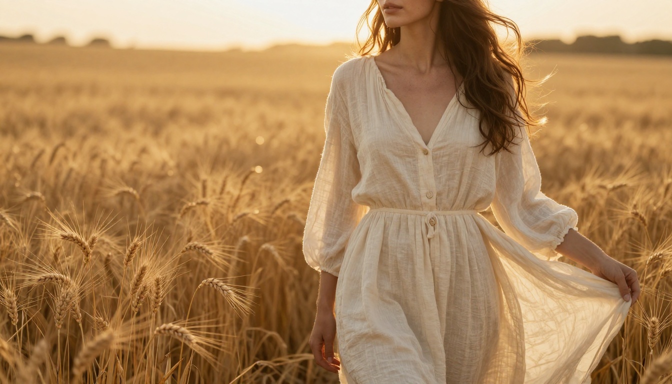 Woman in cream linen dress in a golden wheat field at magic hour with warm backlight