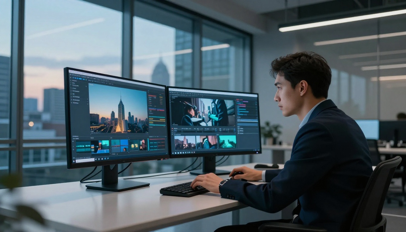 Corporate professional reviewing closed-source AI video output on dual monitors in a sleek studio Corporate professional reviewing closed-source AI video output on dual monitors in a sleek studio