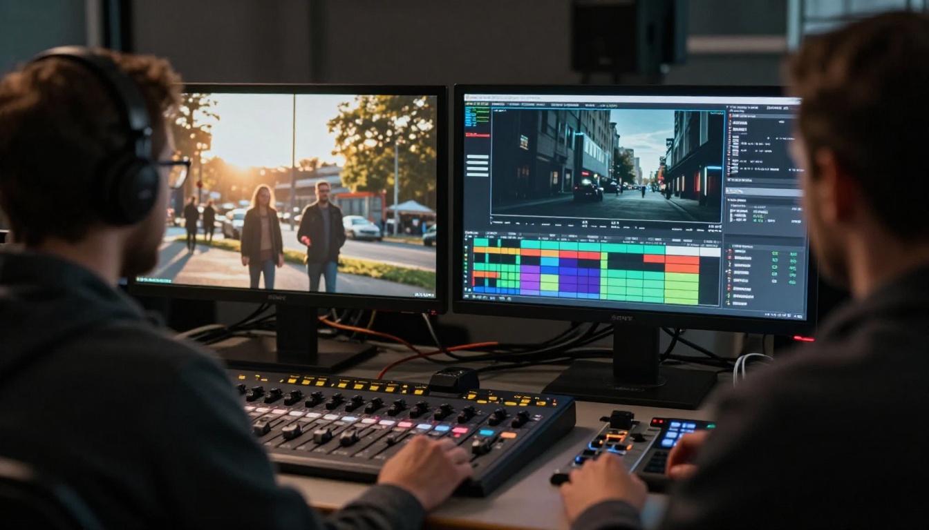 Professional colorist comparing AI video output quality on two cinema monitors in a broadcast studio Professional colorist comparing AI video output quality on two cinema monitors in a broadcast studio