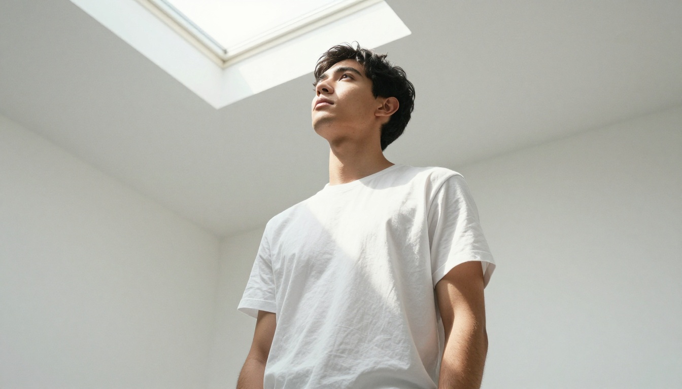 Low-angle portrait of a man in white cotton t-shirt in a minimalist studio under natural top light