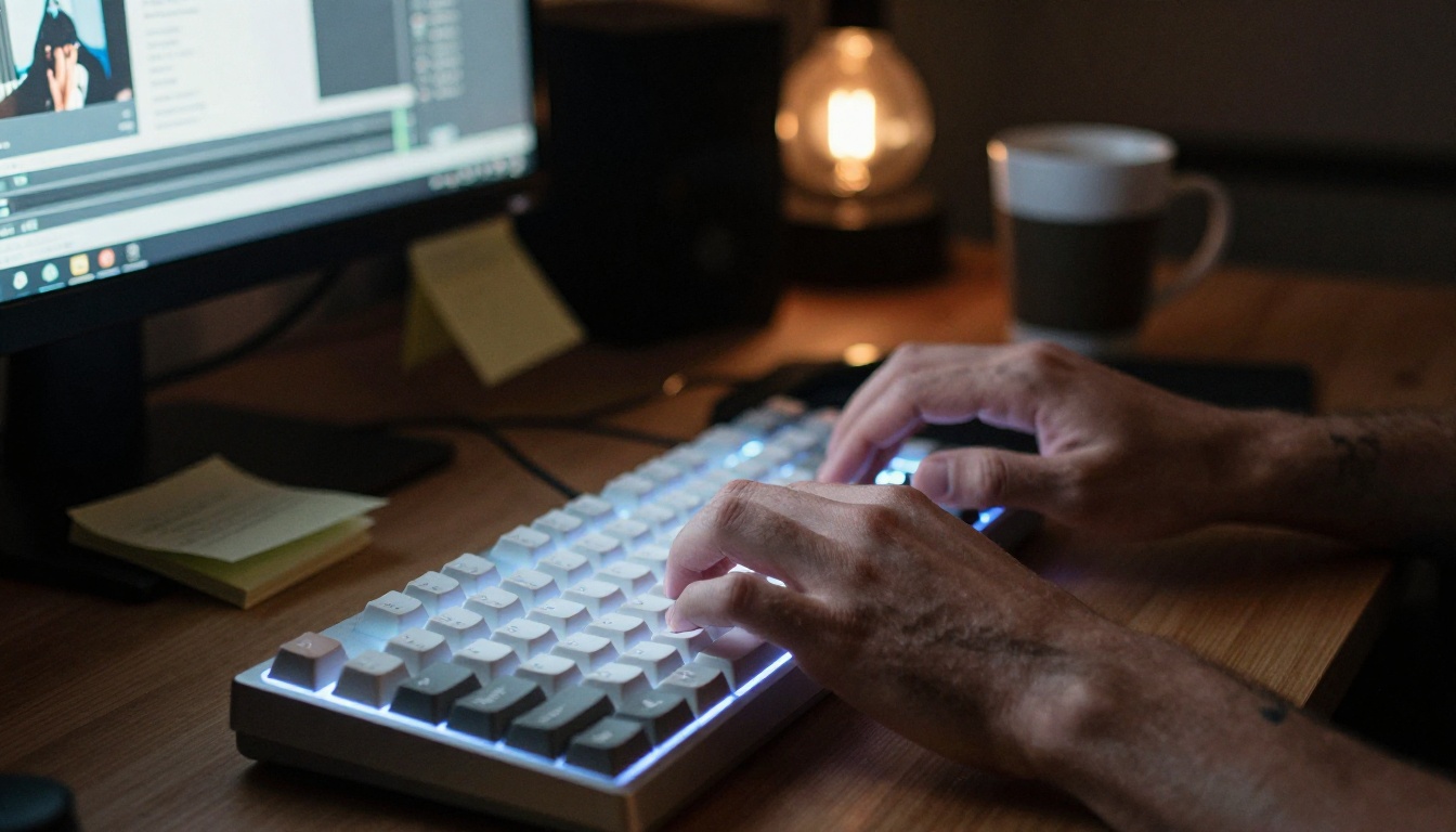Creator writing text-to-video prompts on a keyboard in a dim creative studio with screen glow