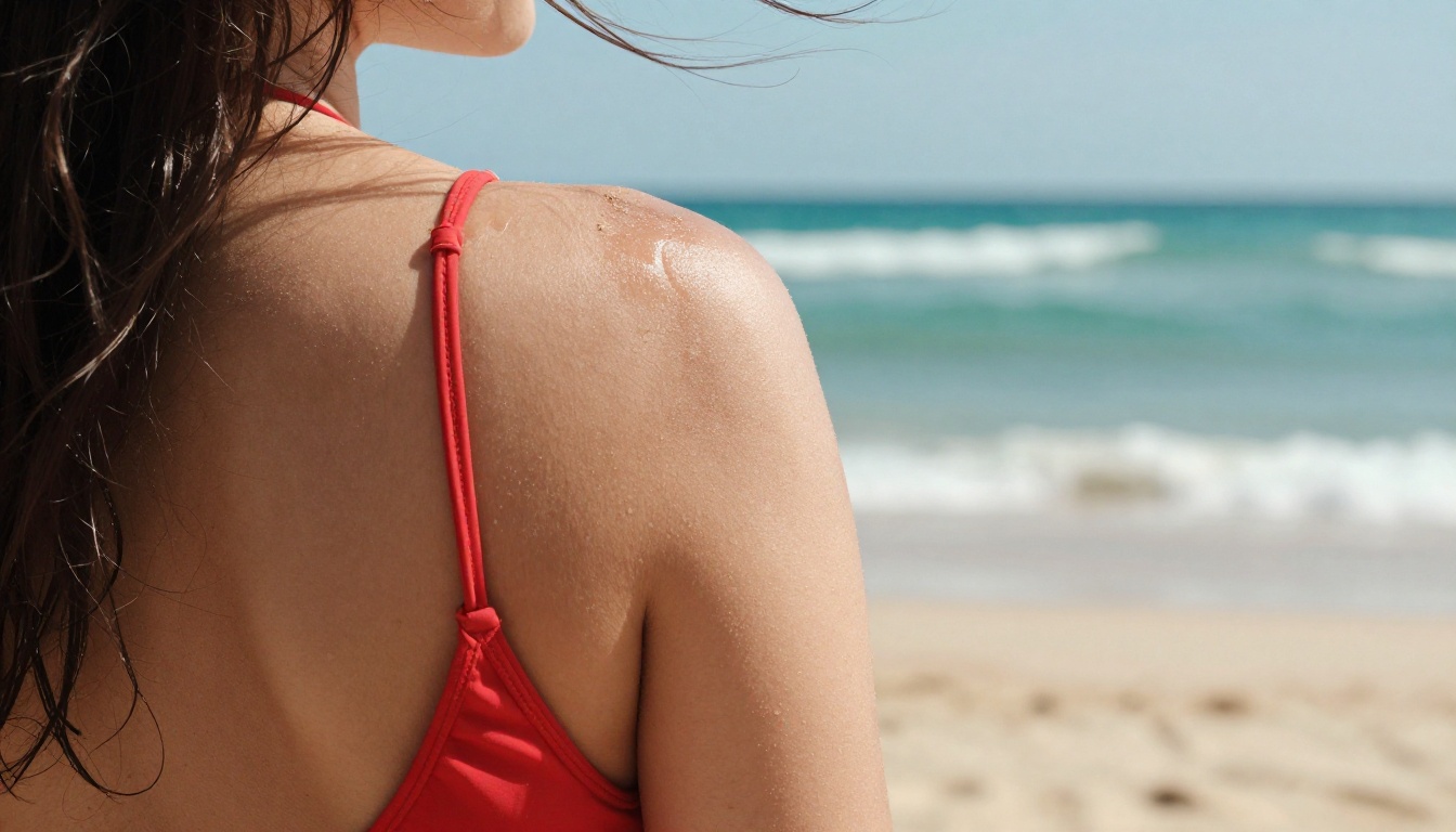 Woman in red bikini at a sun-drenched tropical beach with turquoise ocean waves in background