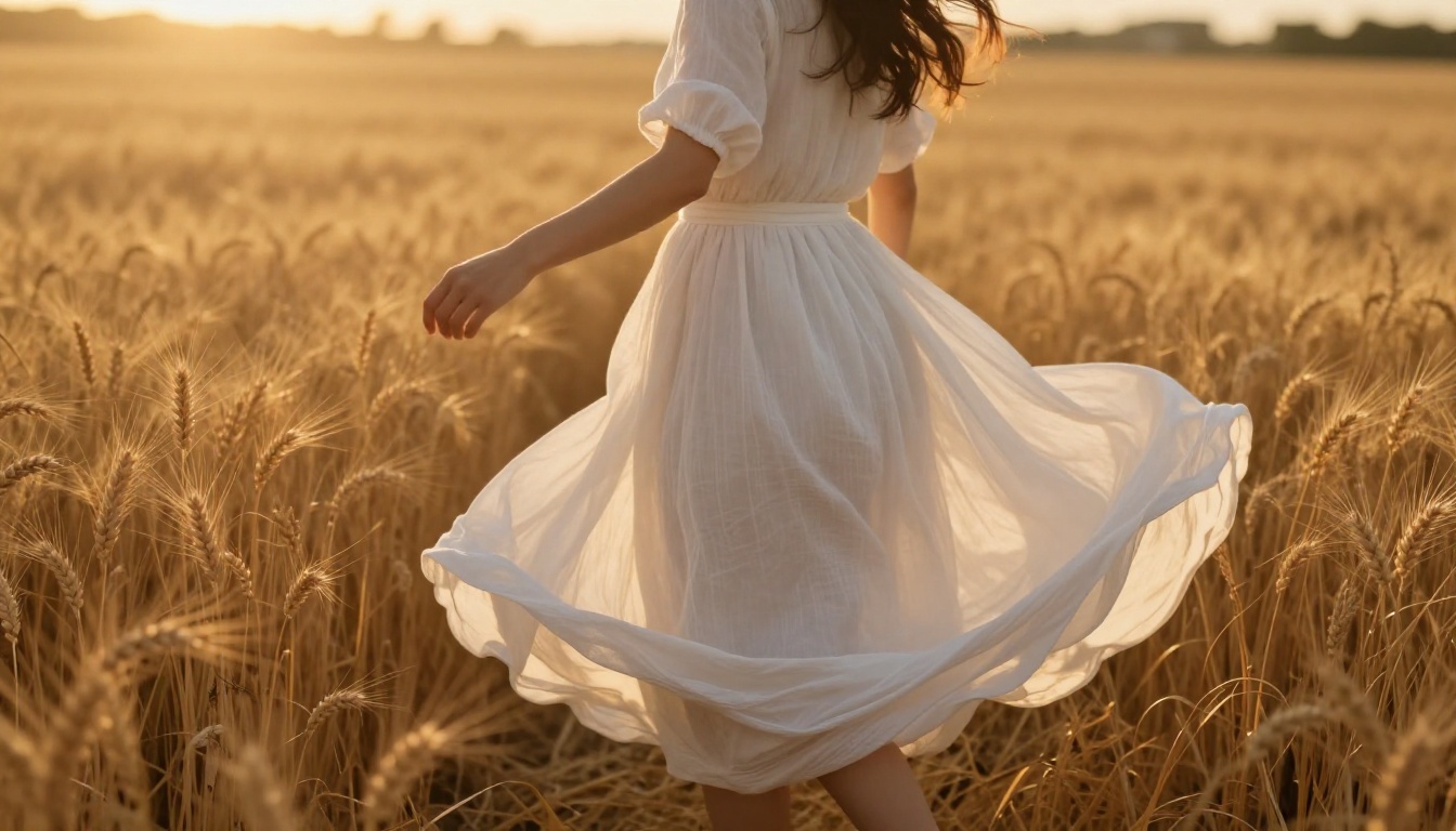 Woman in a flowing white dress in a wheat field demonstrating fluid AI video motion consistency