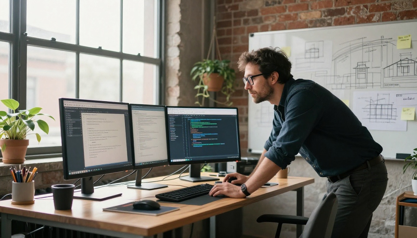 Developer building with open source AI models at a startup workspace with API documentation visible Developer building with open source AI models at a startup workspace with API documentation visible