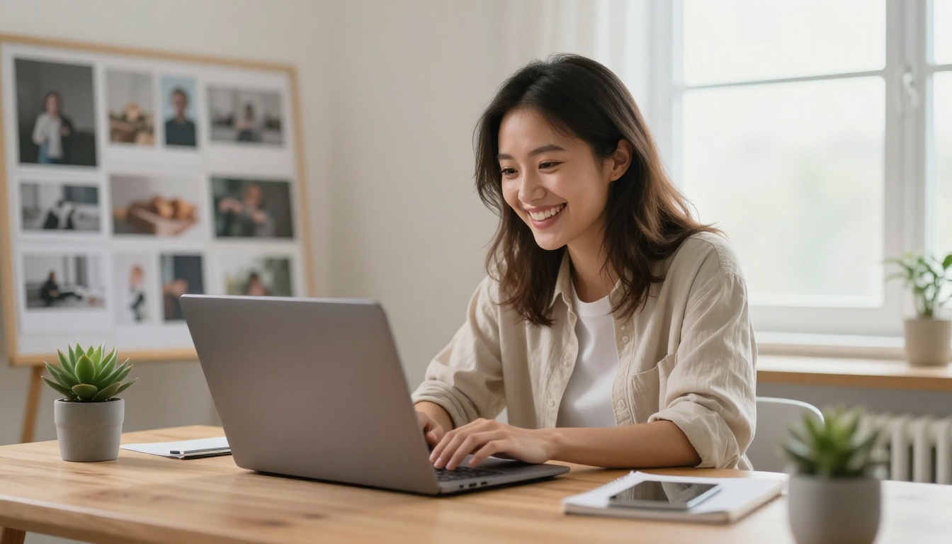 Young woman creator smiling while experimenting with AI video generation tools on a laptop