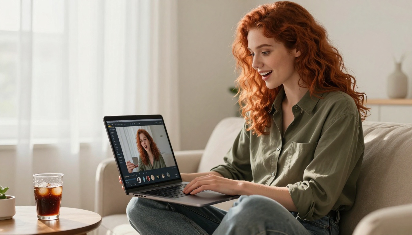 Woman reviewing AI video tool comparison on laptop in bright apartment