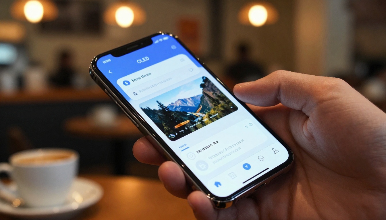Smartphone displaying AI video generator interface in coffee shop setting