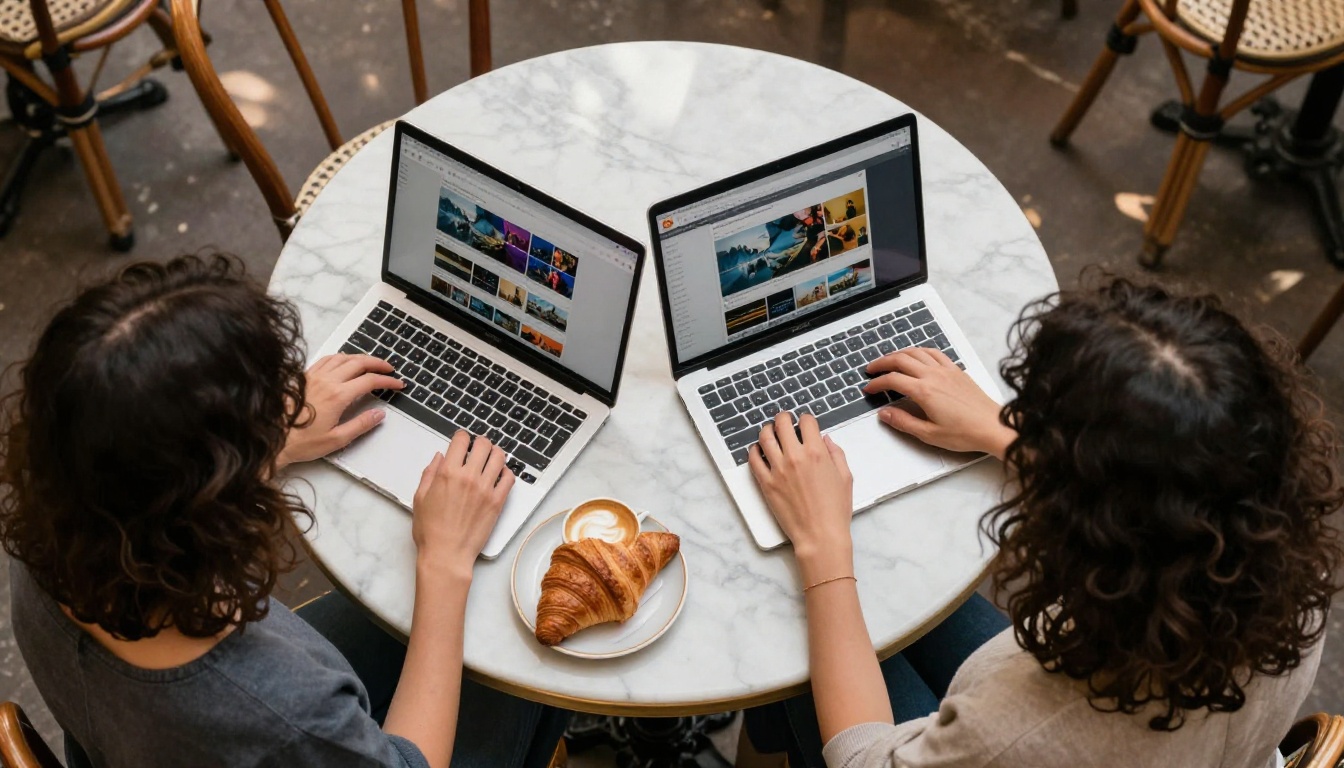 Aerial view of woman comparing two AI video platforms on laptops at cafe
