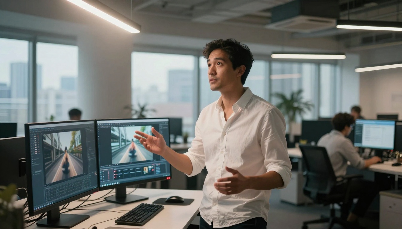 Man at standing desk comparing AI video tool outputs on dual monitors