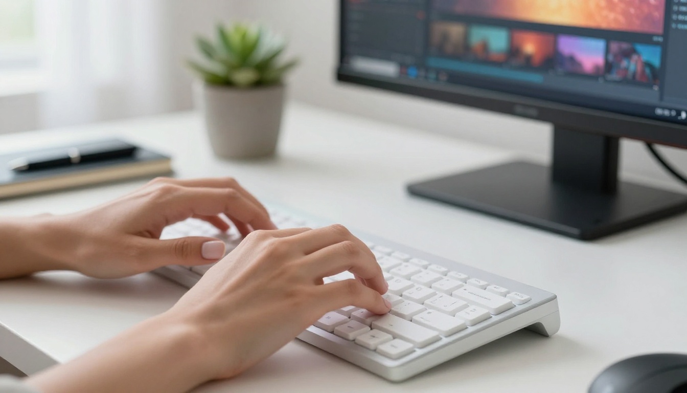 Close-up of hands typing on keyboard with AI video interface in background