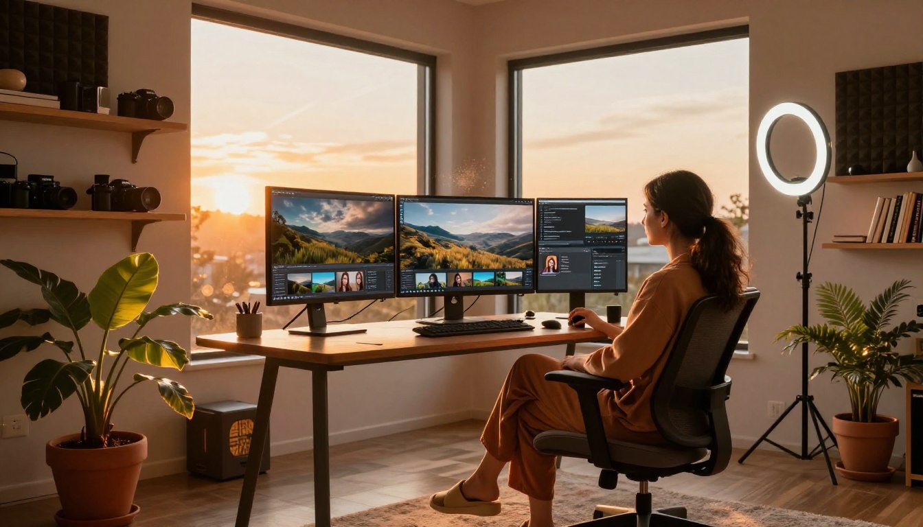 Creative studio setup at golden hour with triple monitor AI video workflow