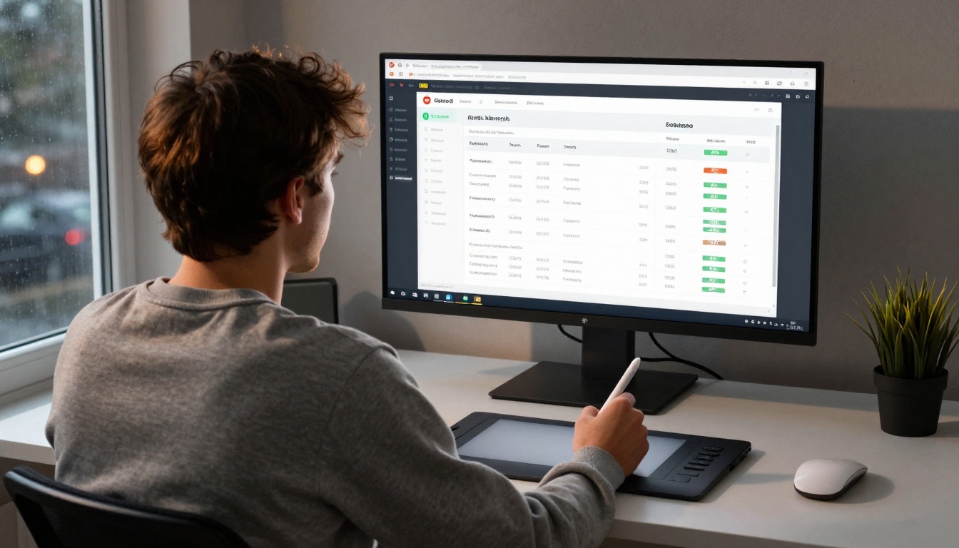 Over-shoulder view of person comparing AI video tool benchmarks on monitor