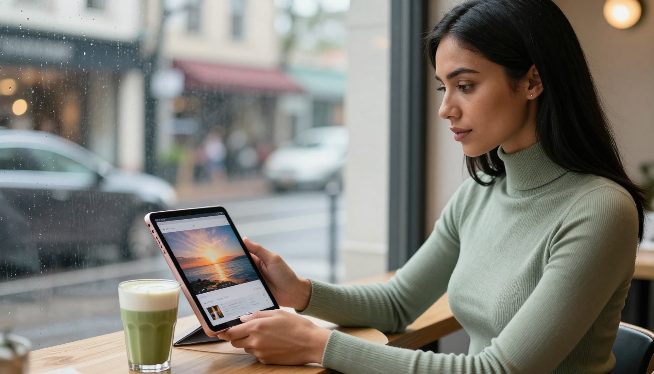 Woman reviewing AI-generated video on iPad at cafe window