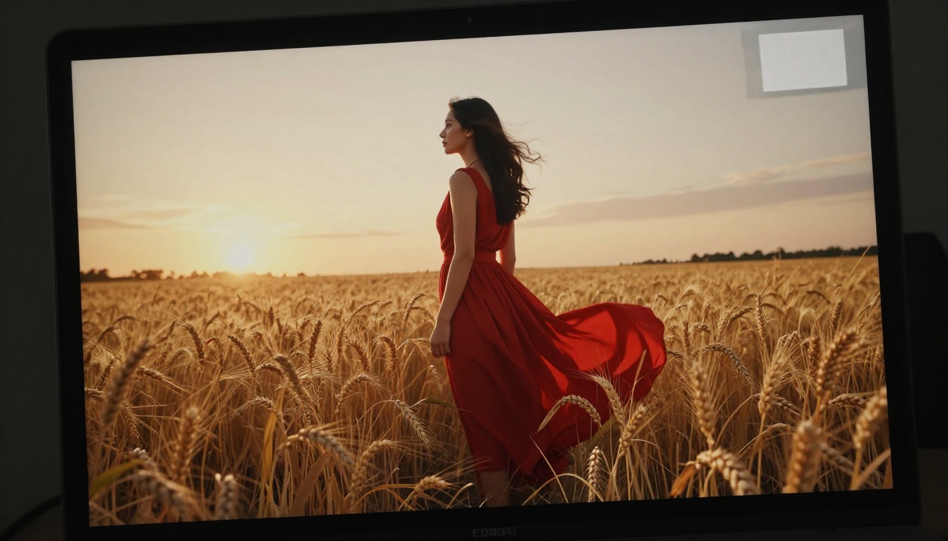 Monitor displaying high-quality AI-generated cinematic video still frame in studio