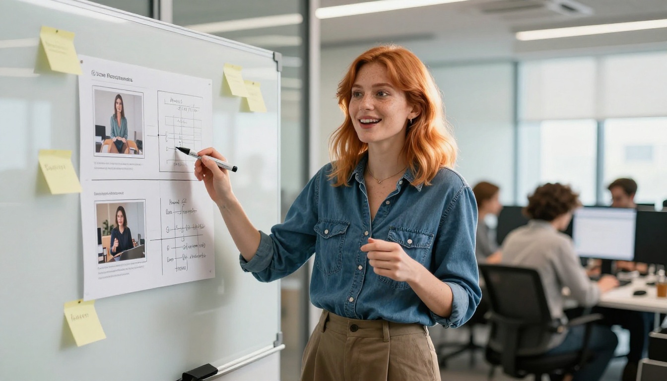 Creative professional presenting AI video comparison results at office whiteboard