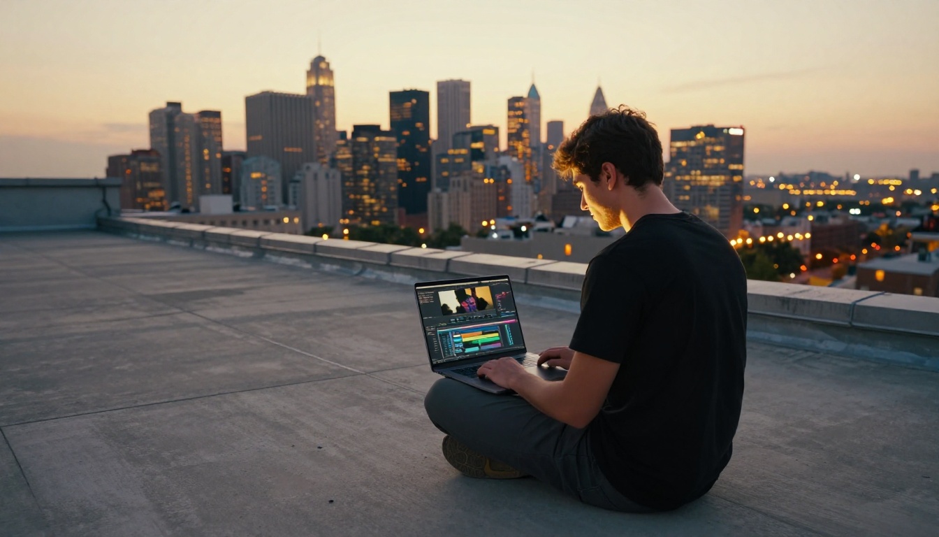 Young man on rooftop with laptop showing video editing timeline at dusk with city skyline