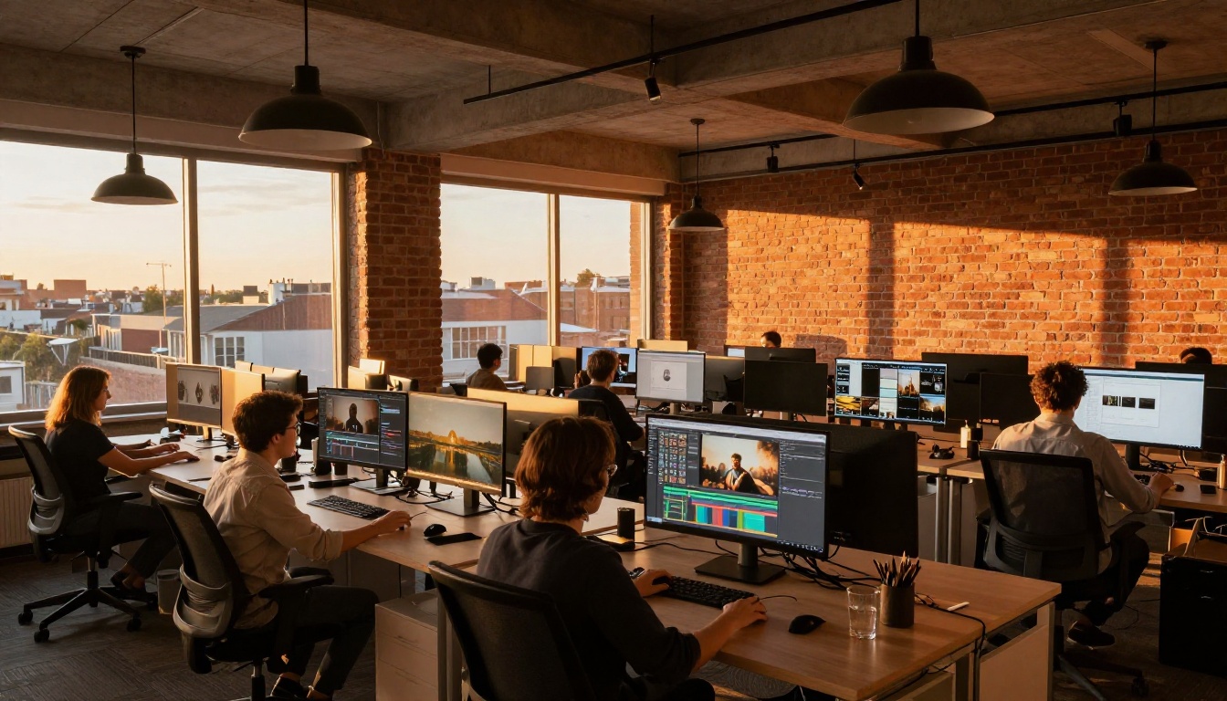 Creative team working at video editing stations with golden hour light flooding the open office