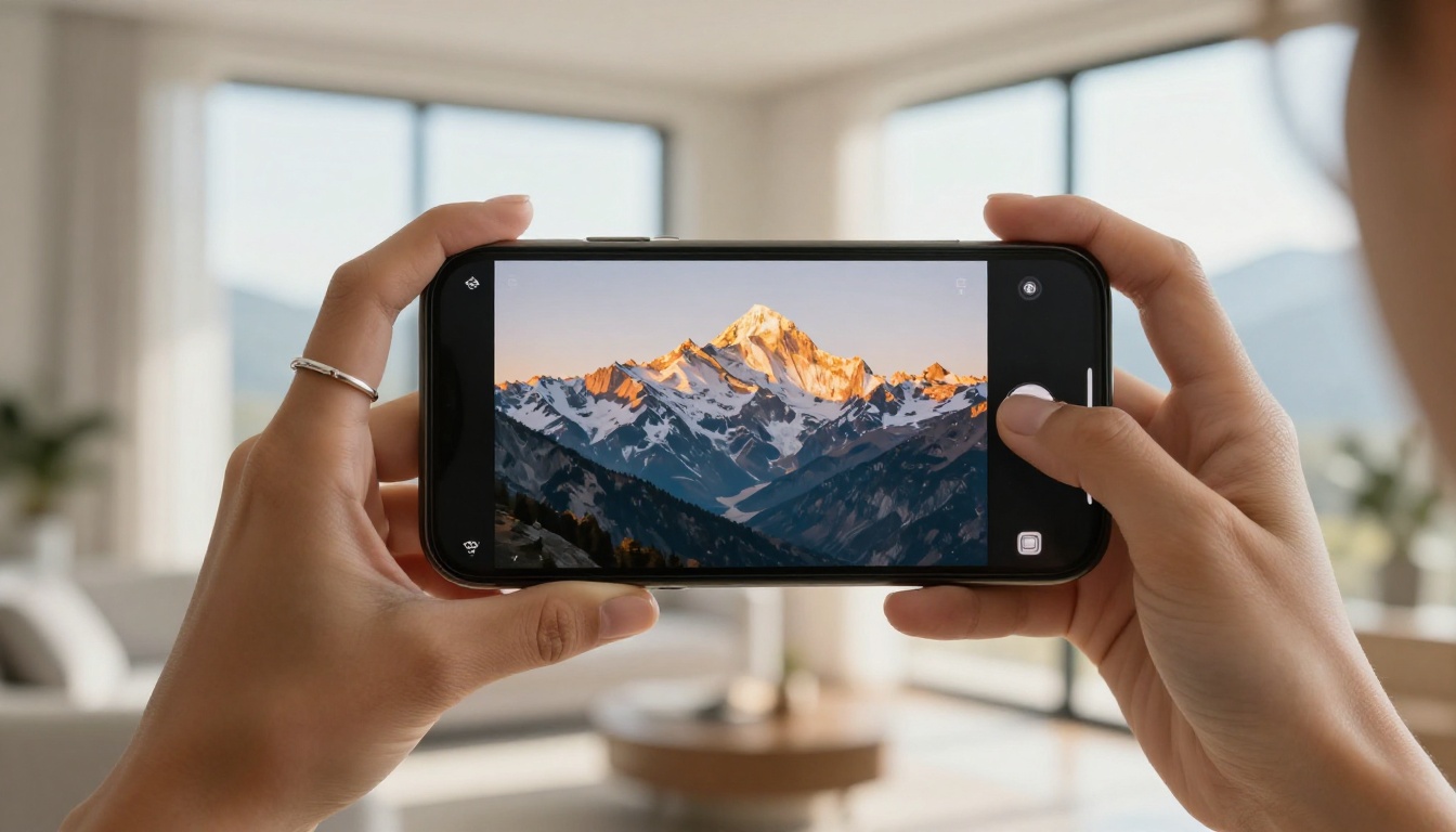 Smartphone held by woman with olive skin showing cinematic mountain landscape paused in video player with blurred apartment background