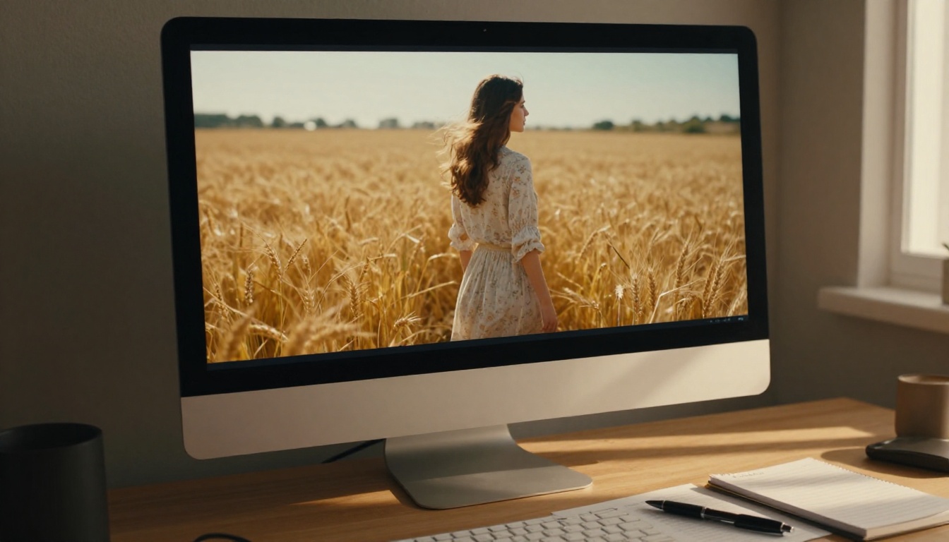 Desktop monitor displaying color-graded cinematic video frame of woman in wheat field at golden hour