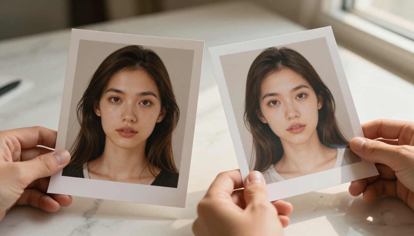 Hands holding printed AI-generated portrait photographs for quality comparison