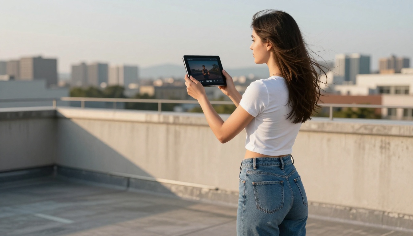 Woman on rooftop holding tablet showing video playback with blurred city skyline behind her in golden rim light