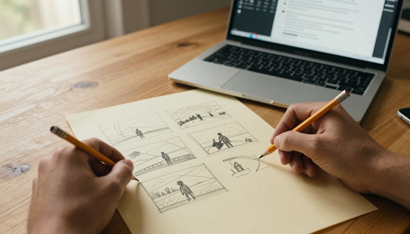 Hands sketching cinematic storyboard on cream paper beside open laptop with video generation interface in morning light