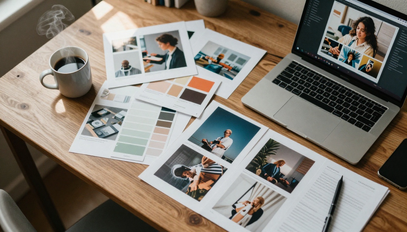 Creative professional workspace with AI tools, mood boards, and workflow materials