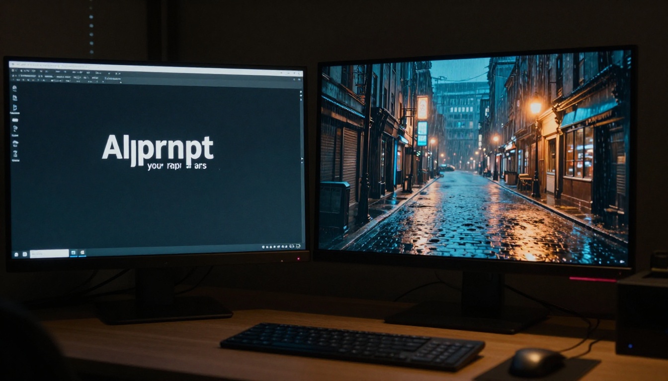 Dual monitor edit suite showing AI prompt interface beside cinematic rainy night city street render with wet cobblestones