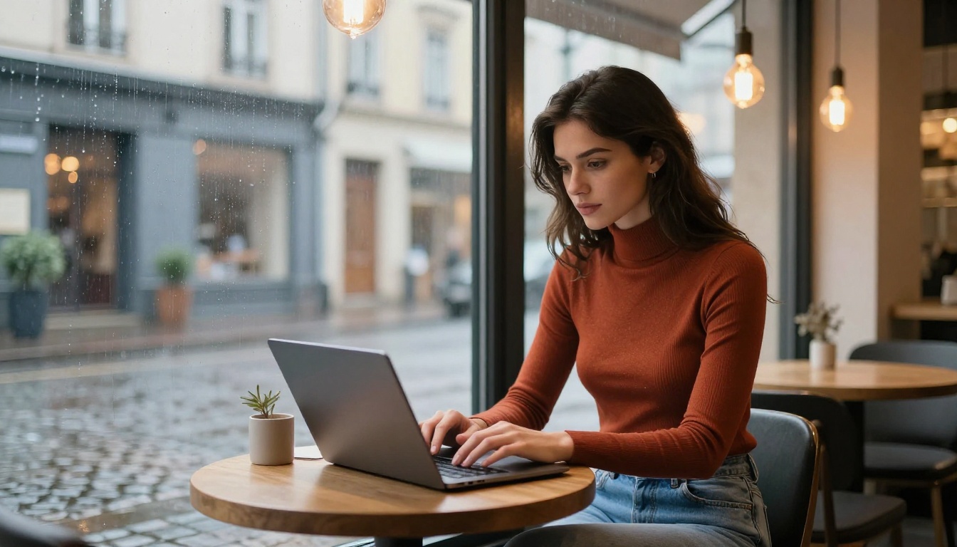 Content creator working on AI image generation in a cafe environment