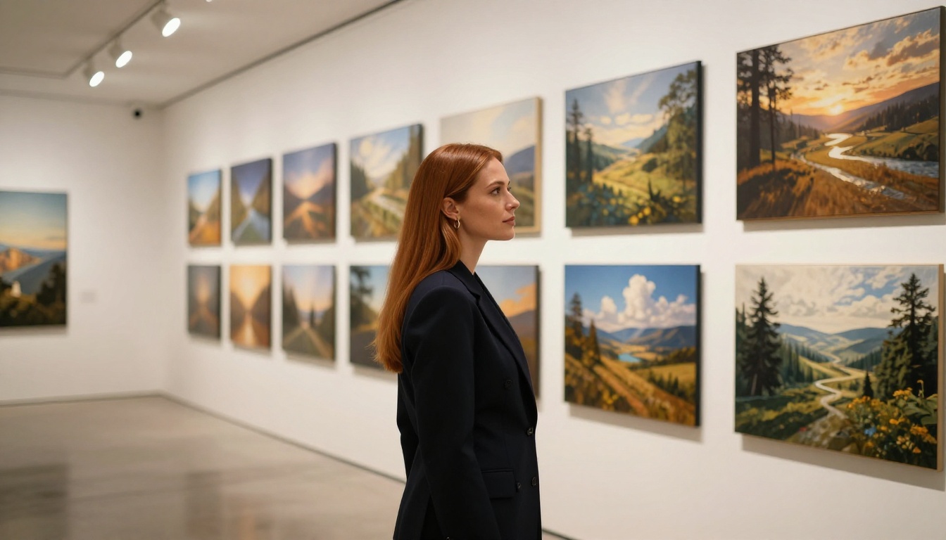 Photographer reviewing AI-generated artwork displayed in a professional gallery setting