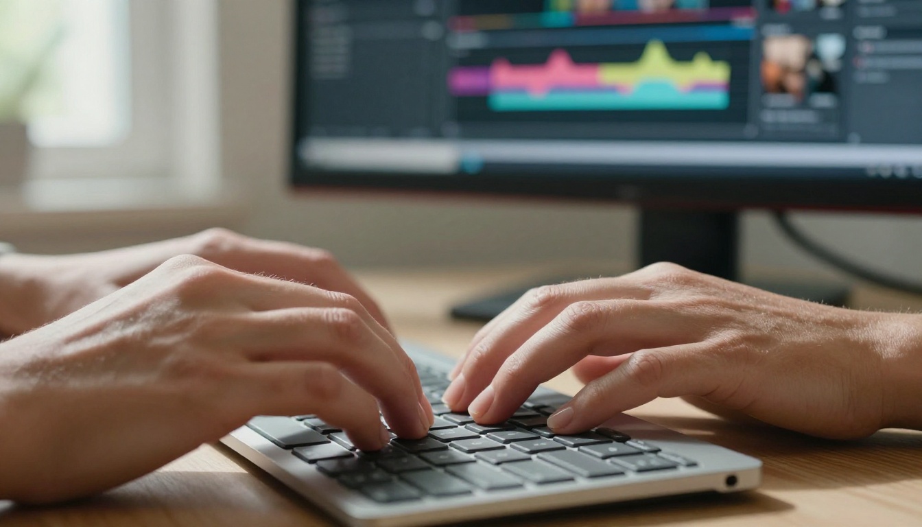 Hands typing on keyboard with AI video generation interface in background