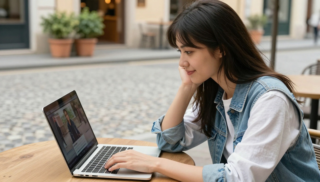 Young woman reviewing AI-generated video clips on laptop at an outdoor cafe terrace