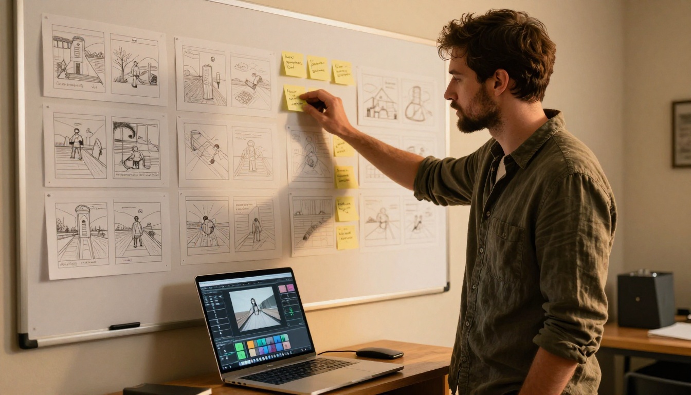 Filmmaker reviewing storyboard panels beside an AI video generation laptop