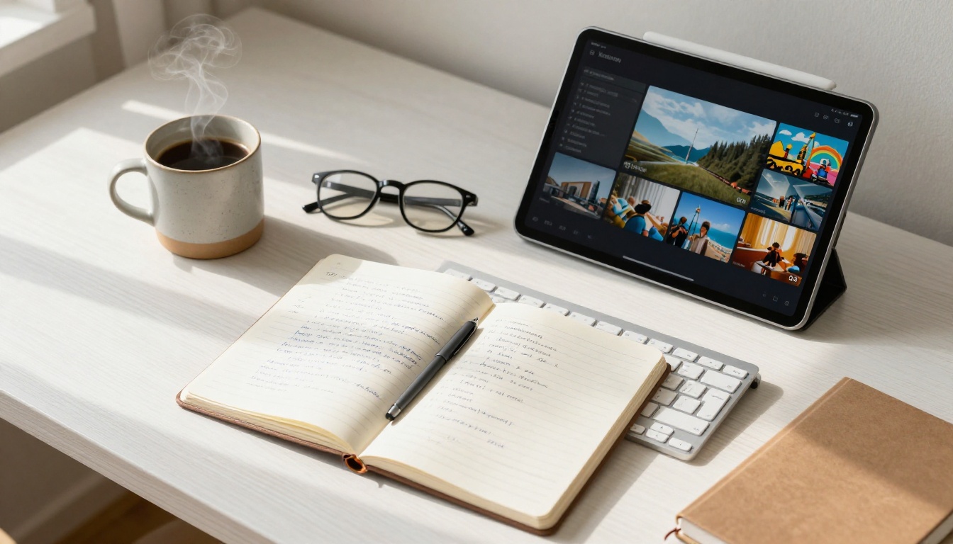 Minimal creative workspace flat-lay with notebook, keyboard, and tablet showing AI video thumbnail grid