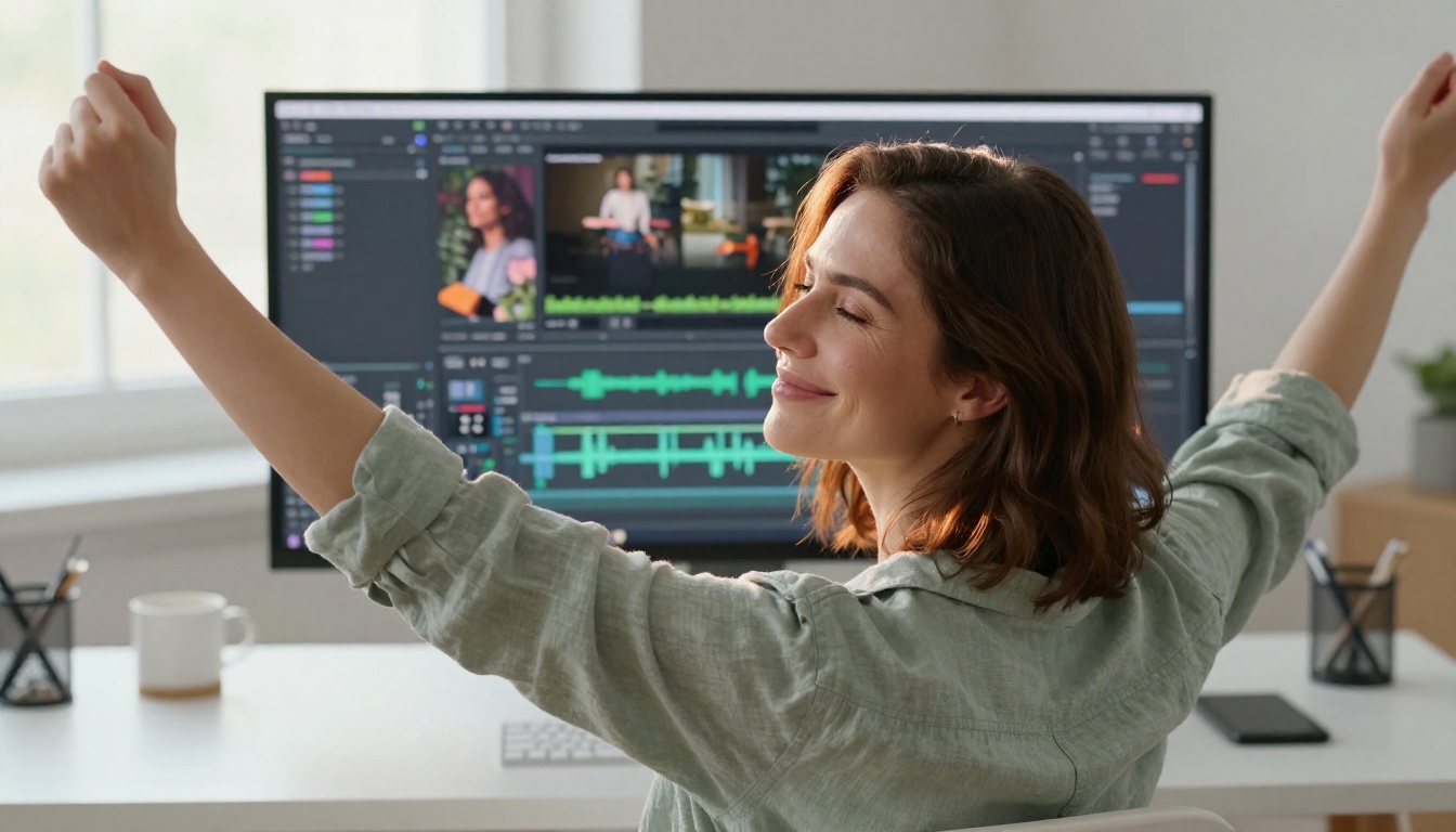Woman satisfied with completed AI video timeline displayed on ultrawide monitor