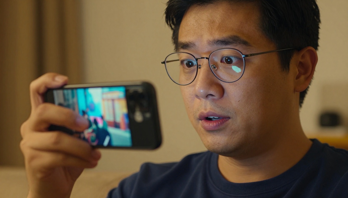 Man with glasses watching an AI-generated video on his phone with an impressed expression