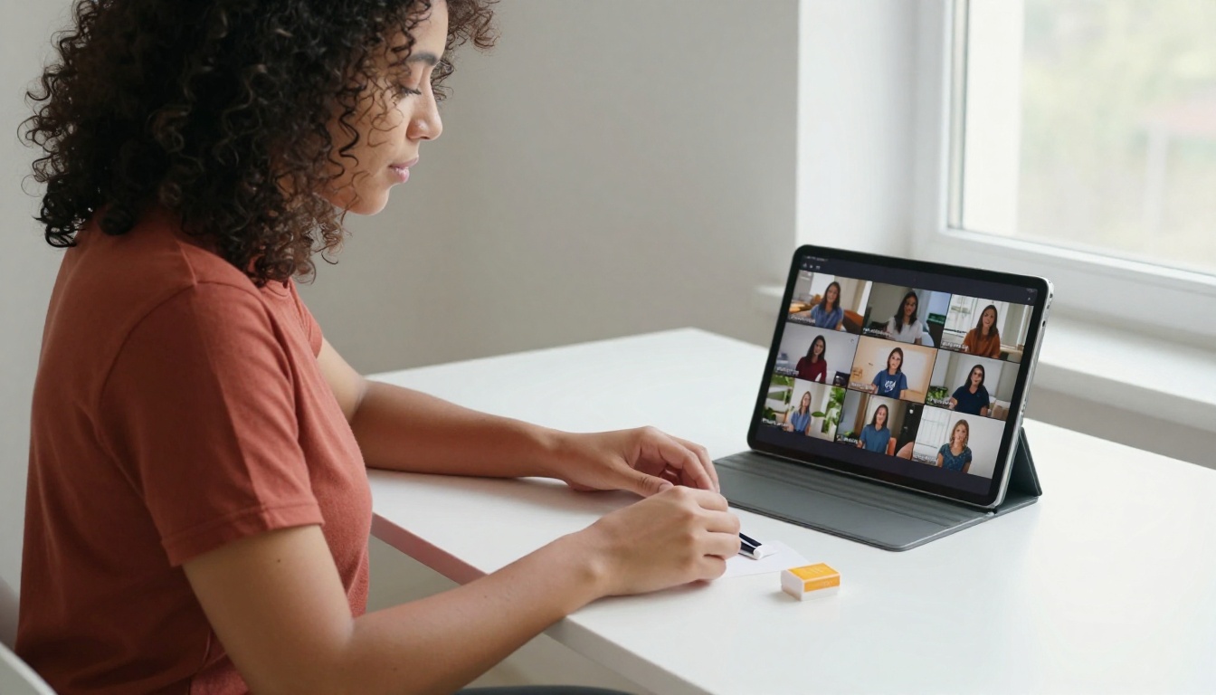 Female content creator arranging product flat-lay with AI-generated video reference clips on tablet beside her